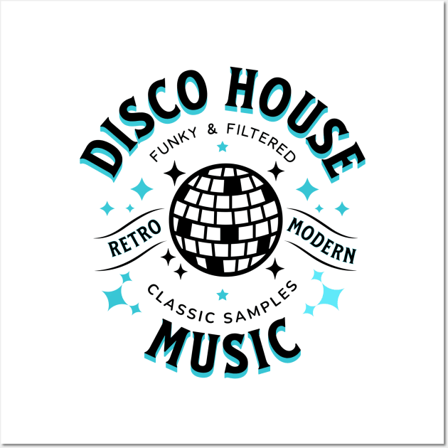 DISCO HOUSE  - Retro Modern Disco Ball (Black/Blue) Wall Art by DISCOTHREADZ 